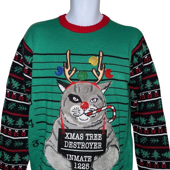 NWT Blizzard Bay Cat Inmate Sweater Mens M Christmas Holiday Tree Destroyer - Picture 2 of 9